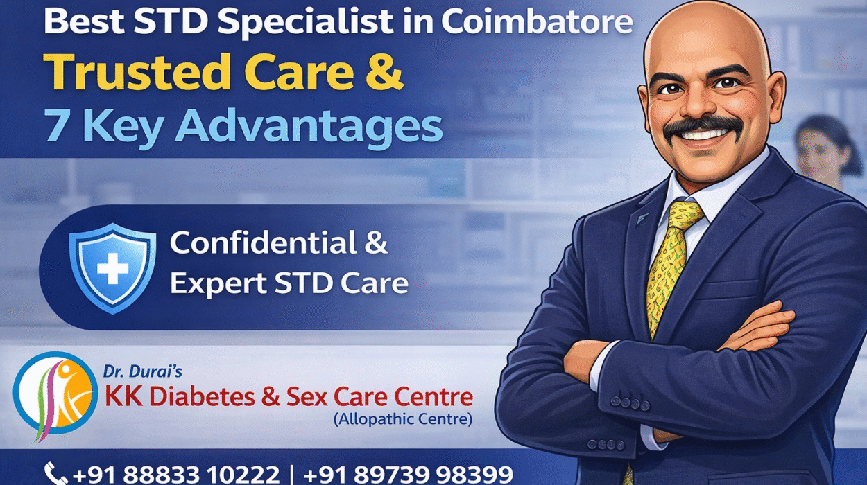 Cartoon illustration of Dr. Durai, Best STD Specialist in Coimbatore, promoting trusted and confidential STD care at KK Diabetes & Sex Care Centre.