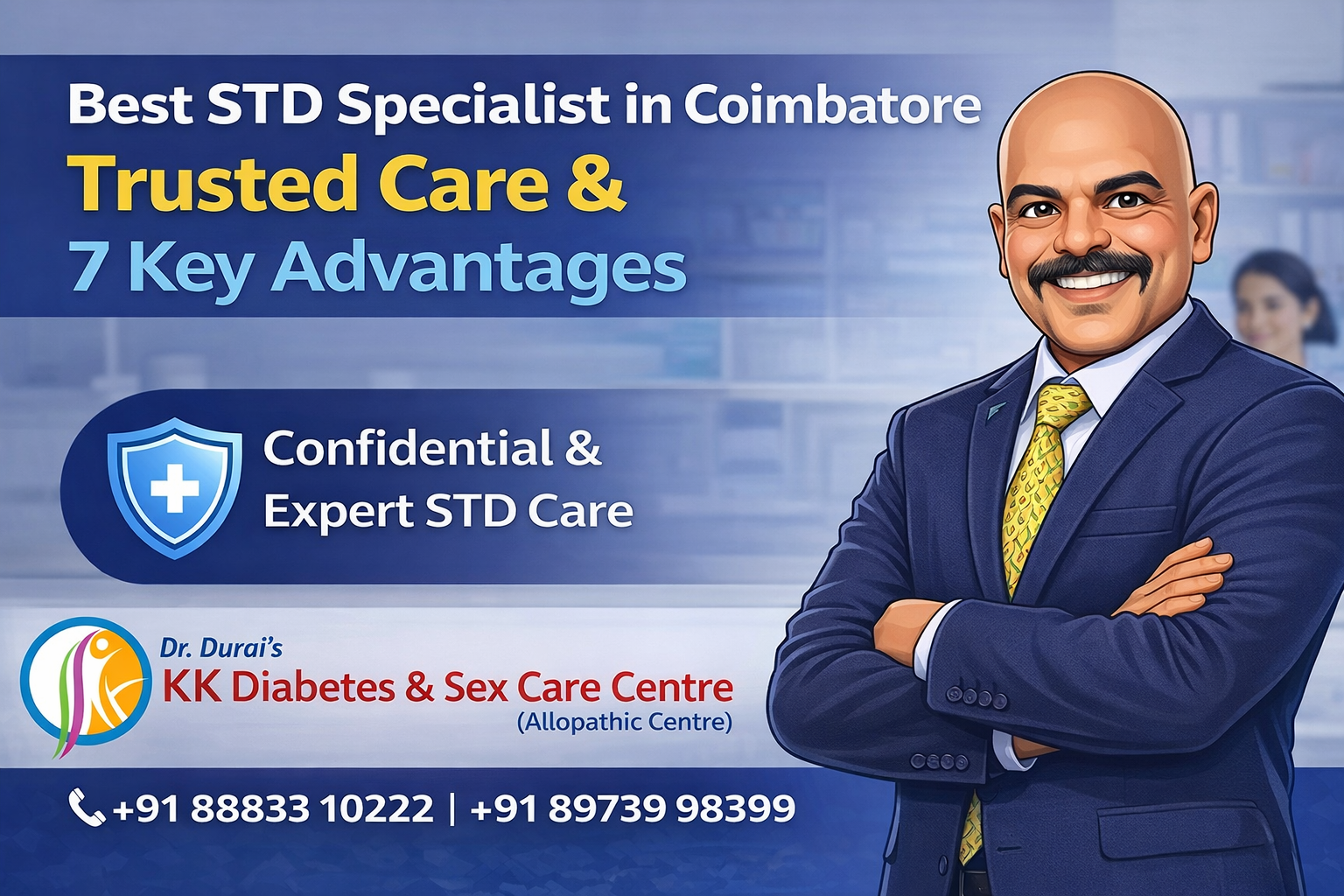 Cartoon illustration of Dr. Durai, Best STD Specialist in Coimbatore, promoting trusted and confidential STD care at KK Diabetes & Sex Care Centre.