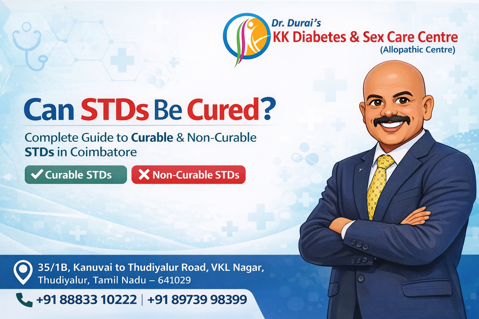 STD treatment in Coimbatore by Dr Duraisamy explaining curable and non curable STDs at KK Diabetes & Sex Care Centre