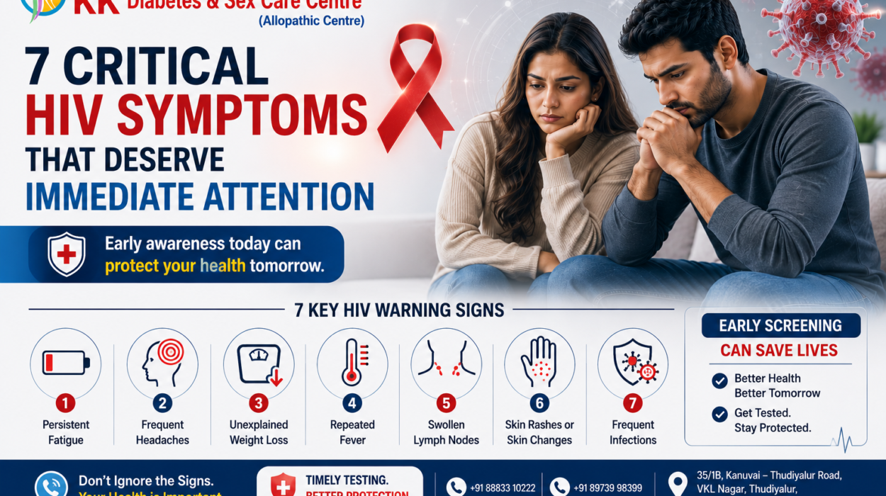 7 Critical HIV Symptoms That Deserve Immediate Attention awareness poster showing an Indian couple, HIV warning signs infographic, early screening message, and HIV health awareness by KK Diabetes & Sex Care Centre.