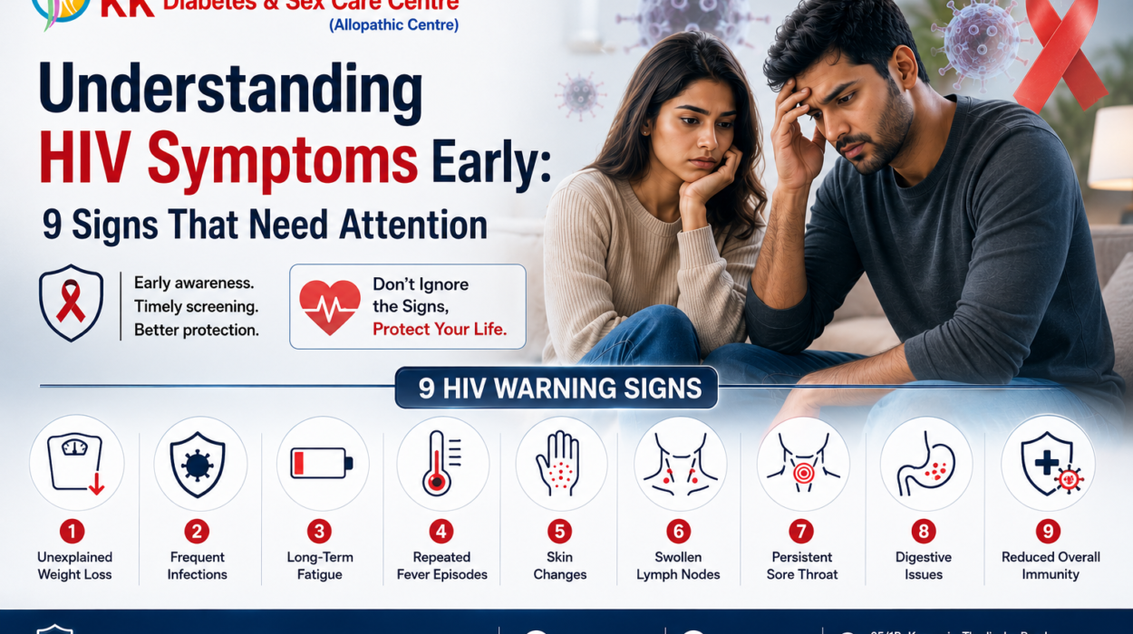Understanding HIV Symptoms Early poster showing an Indian couple with HIV warning signs awareness infographic and early screening message by KK Diabetes & Sex Care Centre.