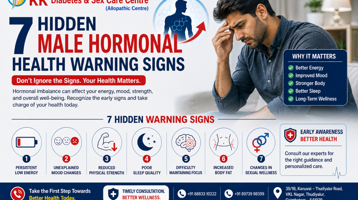 Male Hormonal Health awareness poster showing hidden hormonal imbalance warning signs in men, including low energy, mood changes, poor sleep, and wellness concerns by KK Diabetes & Sex Care Centre.