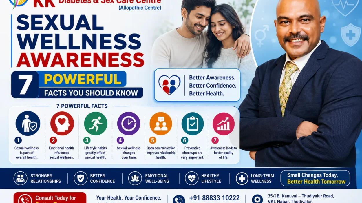 Sexual Wellness Awareness infographic featuring Dr. Duraisamy, relationship wellness concepts, emotional well-being, healthy lifestyle habits, and seven important facts about sexual health by KK Diabetes & Sex Care Centre.