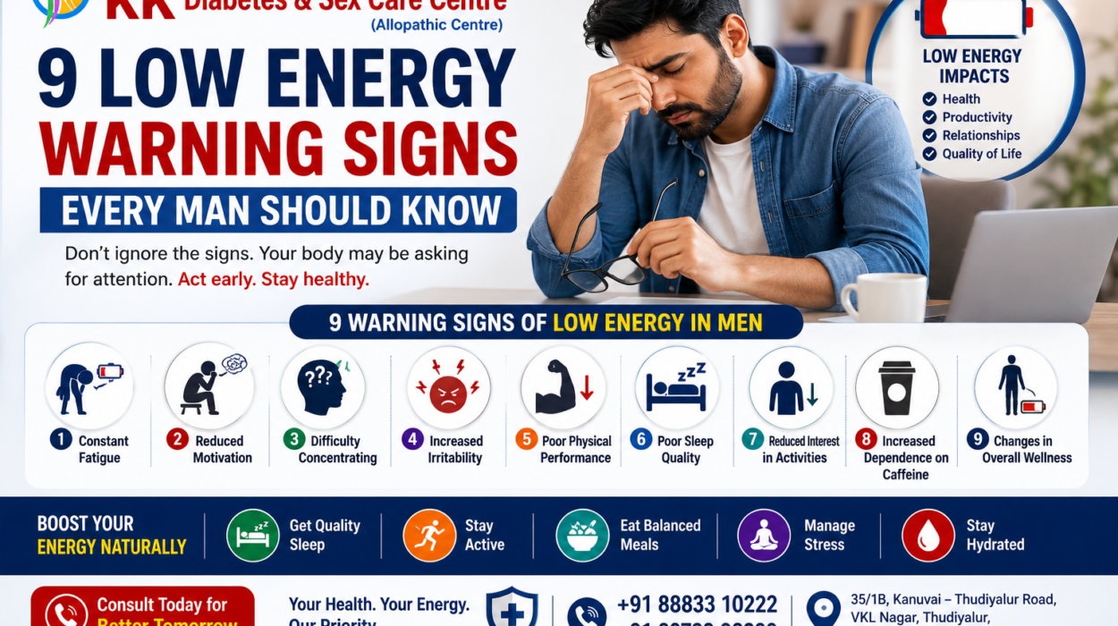 Low Energy in Men awareness poster showing warning signs such as fatigue, poor sleep, reduced motivation, difficulty concentrating, and overall wellness concerns by KK Diabetes & Sex Care Centre.