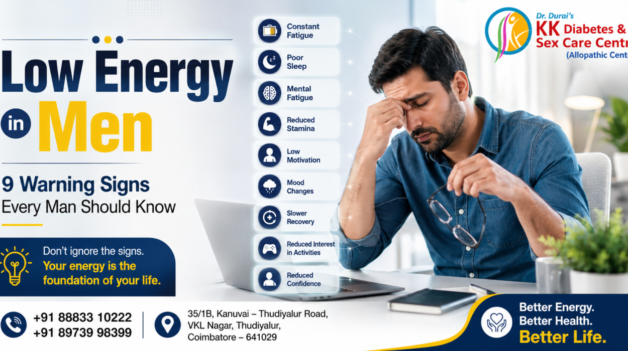 Low Energy in Men illustrated through common warning signs including fatigue, poor sleep, reduced stamina, and low motivation in an adult man.