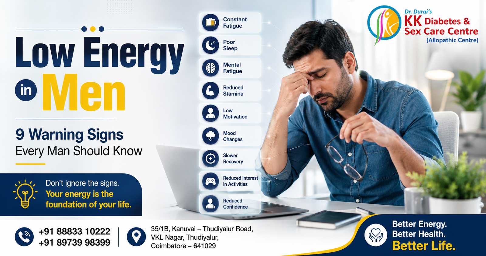 Low Energy in Men illustrated through common warning signs including fatigue, poor sleep, reduced stamina, and low motivation in an adult man.